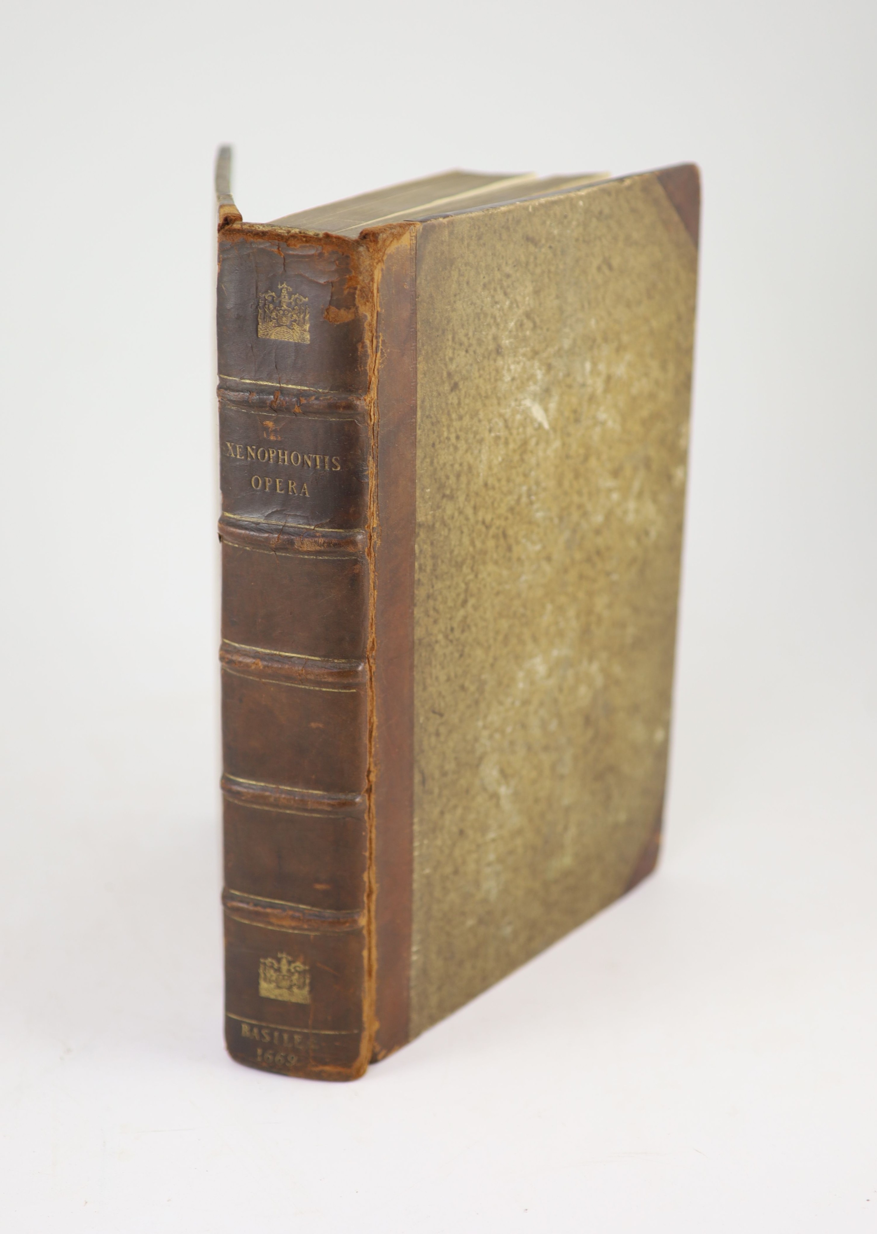 Xenophon - (Greek Title) Xenophontis et Imperatoris & Philosophi Clarissimi Omnia, quae exstant, opera, Ioanne Lewenklaio interprete ... engraved title device; old half calf and marbled boards, gilt panelled spine, folio